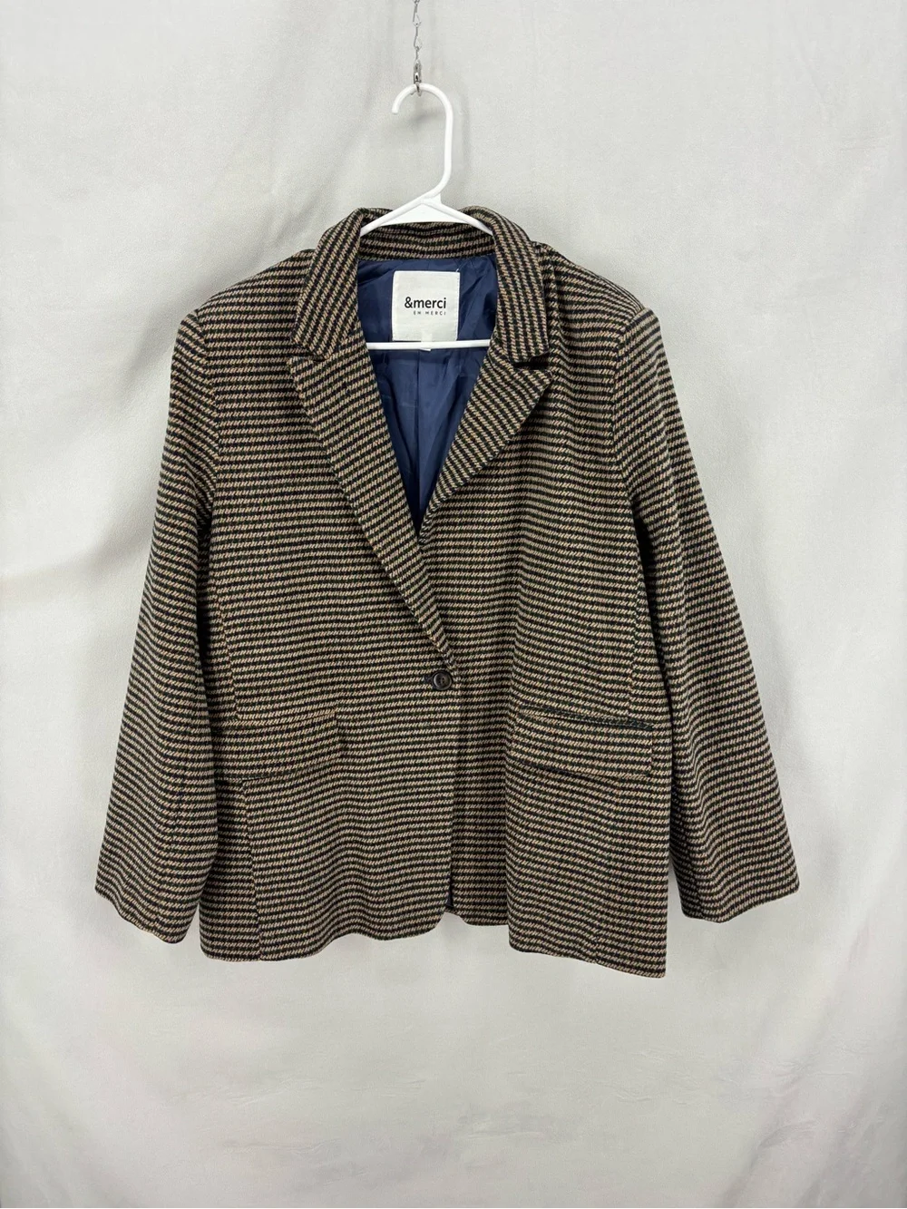 & Merci Tweed Blazer Jacket Brown Navy Houndstooth Lined Women’s Size Large